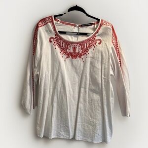 White Red Linen Blend Embroidered Top plus size Women’s 1X  Ava Christine